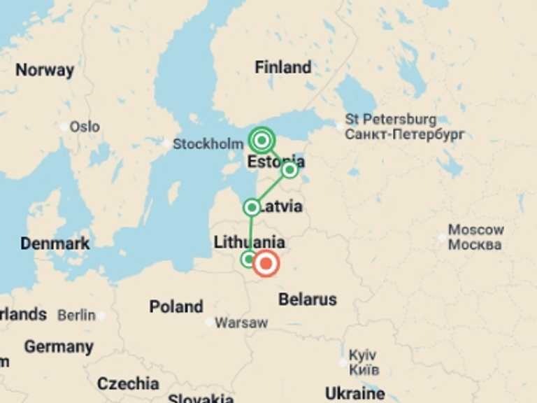 Map itinerary of Baltic Tour in May 2026 with 5 destination visits for the trip: Best of Baltics 35 to 45