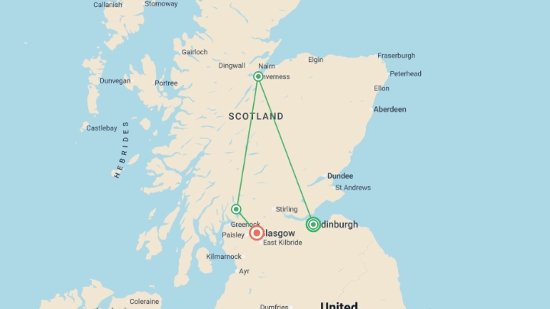 A map showing the tour itinerary for the trip: Signature: Scotland’s Edinburgh, the Highlands & Loch Lomond, starting in Edinburgh, Scotland and ending in Glasgow, Scotland going through 2 other destinations.