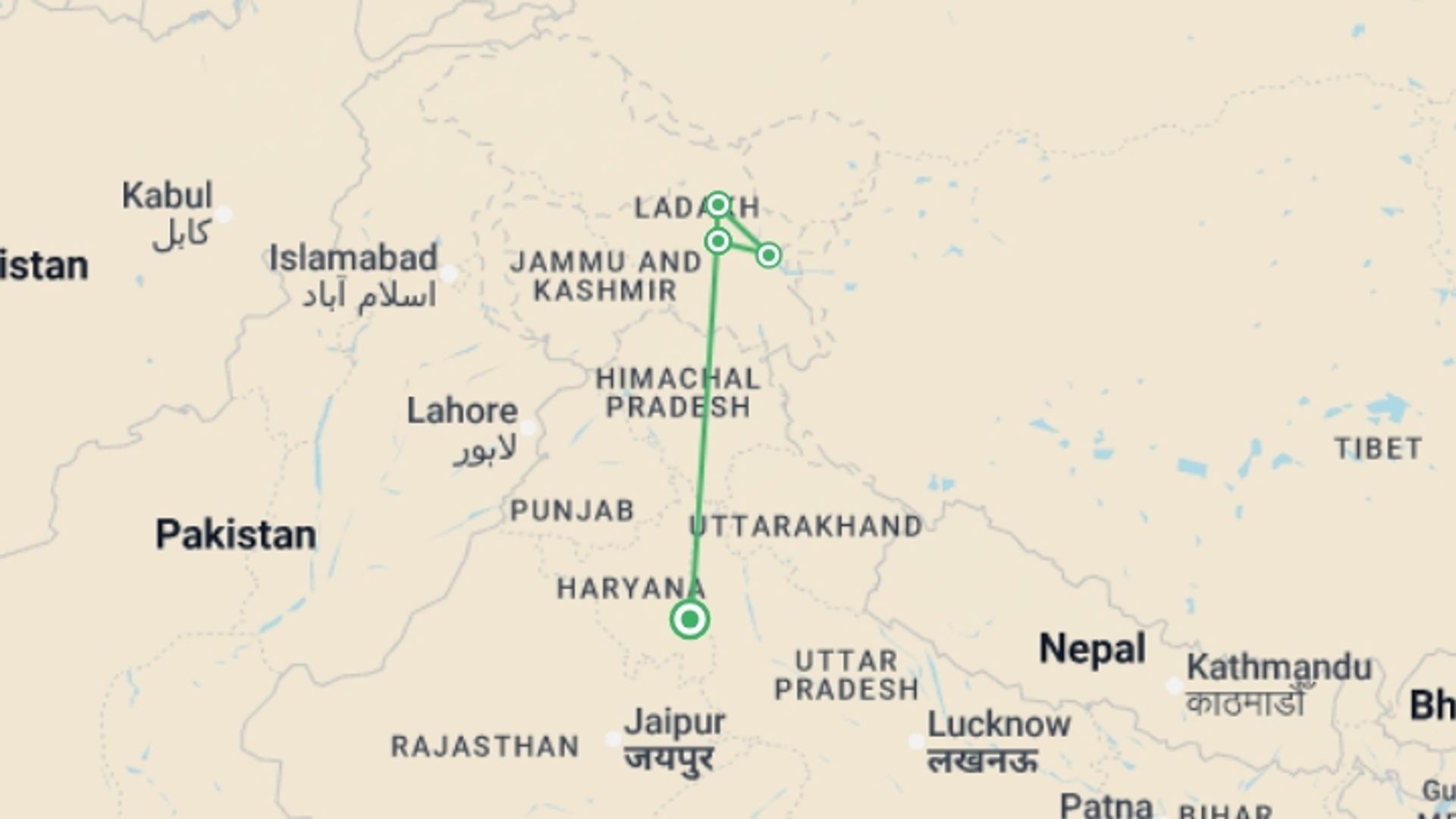 A map showing the tour itinerary for the trip: Ladakh Adventure: High Passes, Monasteries & Starry Skies, starting in Delhi & Golden Triangle, India and ending in Delhi & Golden Triangle, India going through 3 other destinations.