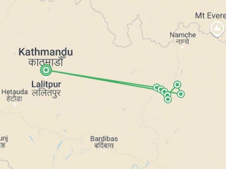 Map of Kathmandu Mountains Tour with 9 destination visits for the trip: Pikey Peak Trek
