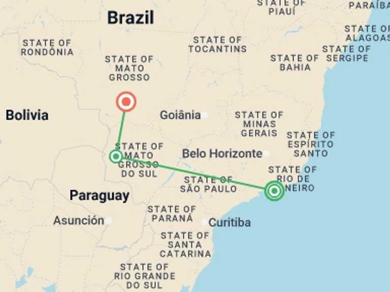 Map itinerary of Pantanal Tour in September 2025 with 3 destination visits for the trip: Rio, Pantanal & Jaguar Safari - 8 days