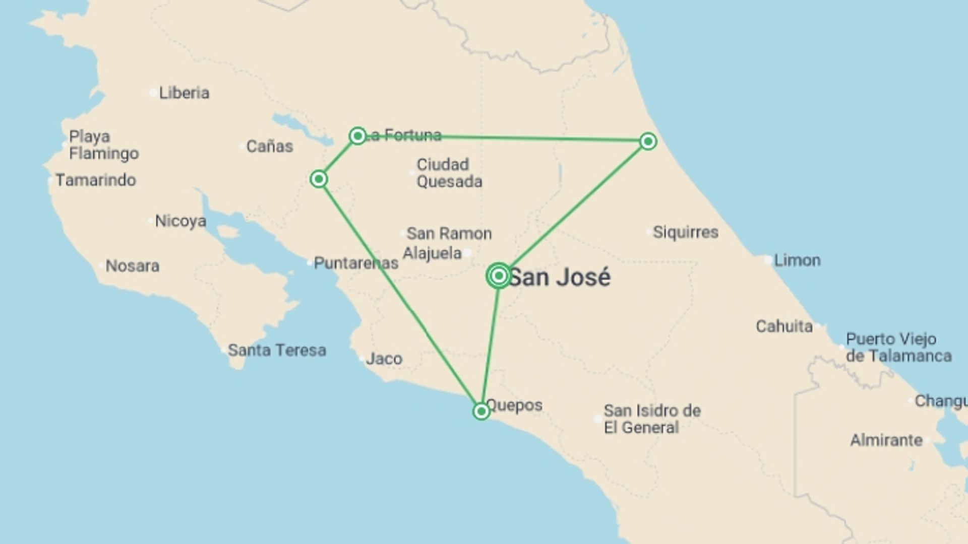 A map showing the tour itinerary for the trip: Journeys: Explore Costa Rica, starting in San Jose, Costa Rica and ending in San Jose, Costa Rica going through 5 other destinations.