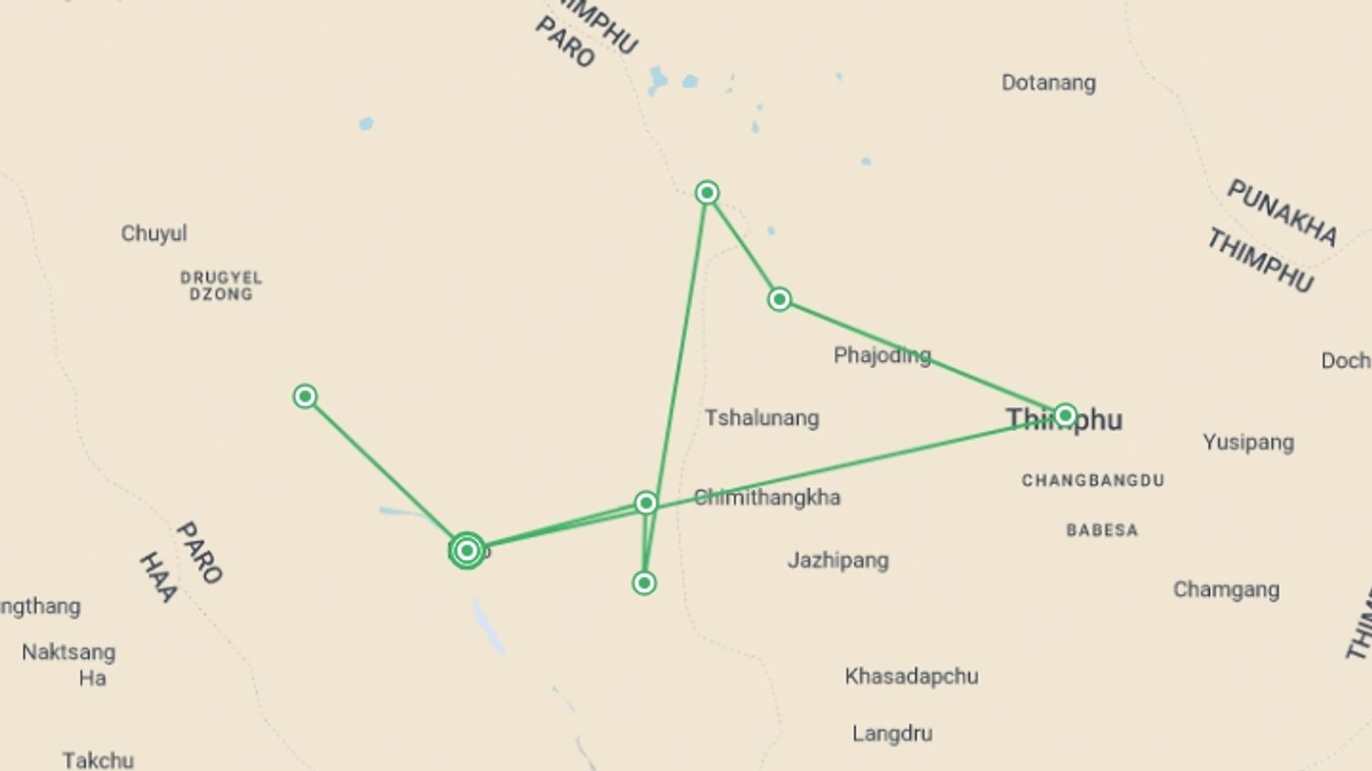 A map showing the tour itinerary for the trip: Bhutan Druk Path Trek, starting in Paro, Bhutan and ending in Paro, Bhutan going through 7 other destinations.