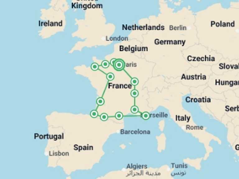 Map itinerary of France Tour in May 2026 with 9 destination visits for the trip: Best of France