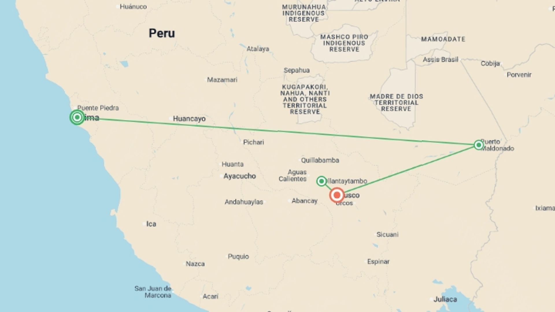 A map showing the tour itinerary for the trip: Peru Family Holiday, starting in Lima, Peru and ending in Cusco, Peru going through 2 other destinations.