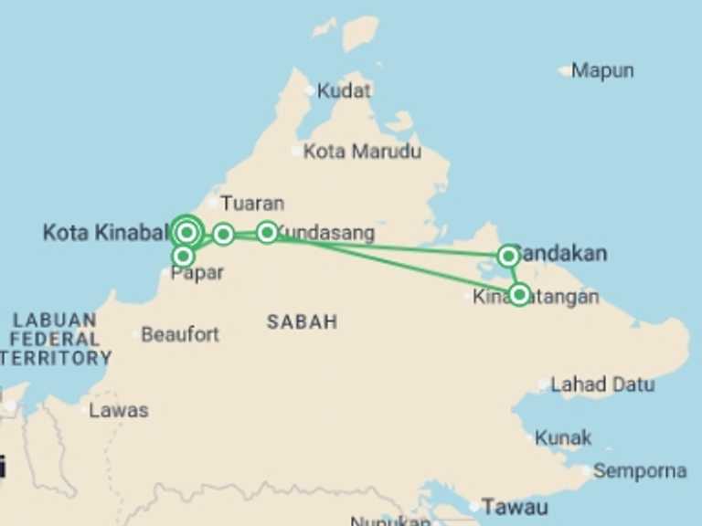 Map itinerary of South East Asia Tour in October 2027 with 6 destination visits for the trip: Real Borneo
