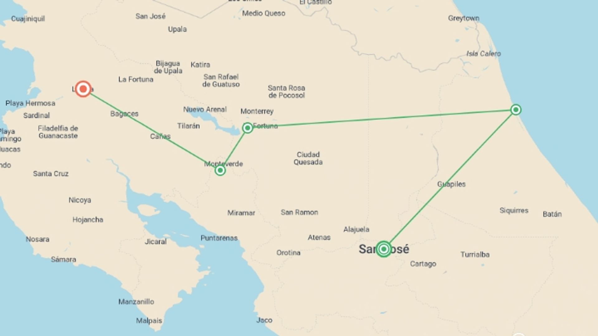 A map showing the tour itinerary for the trip: Costa Rica Nature Adventure, starting in San Jose, Costa Rica and ending in Liberia City, Costa Rica going through 5 other destinations.