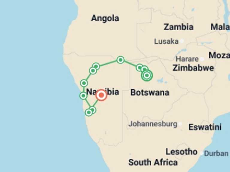 Map itinerary of Africa Tour in April 2027 with 11 destination visits for the trip: Botswana & Namibia: Delta & Dunes