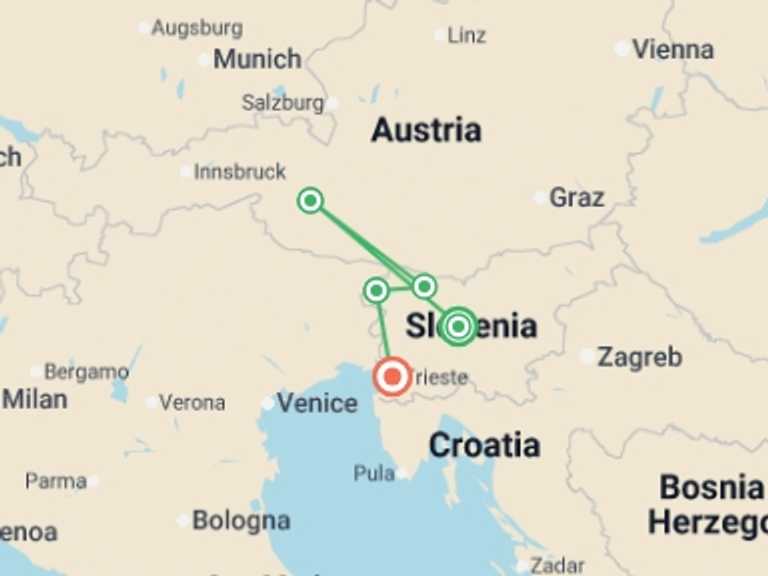 Map of Europe Tour with 5 destination visits for the trip: Hiking the Alpe-Adria Trail, Alps to the Adriatic
