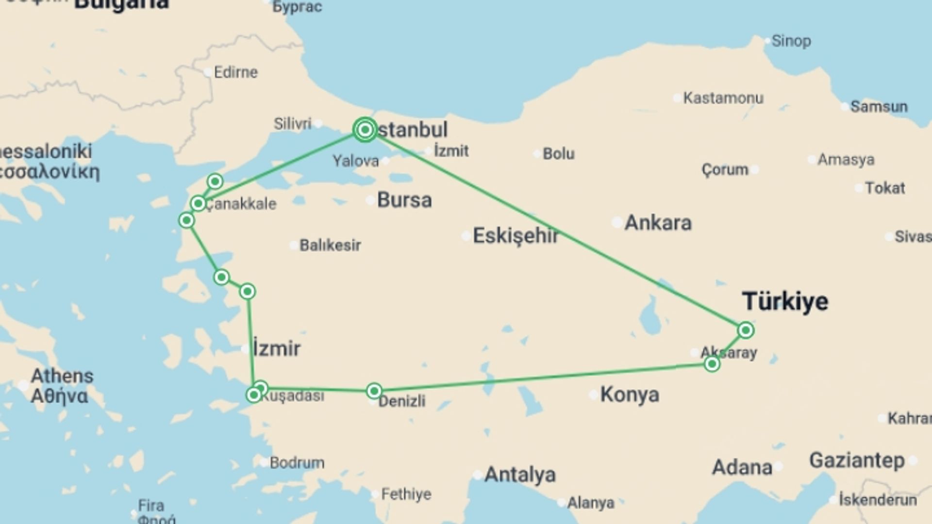 A map showing the tour itinerary for the trip: Anzac Day Tour-11 Days, starting in Istanbul, Turkey and ending in Istanbul, Turkey going through 7 other destinations.