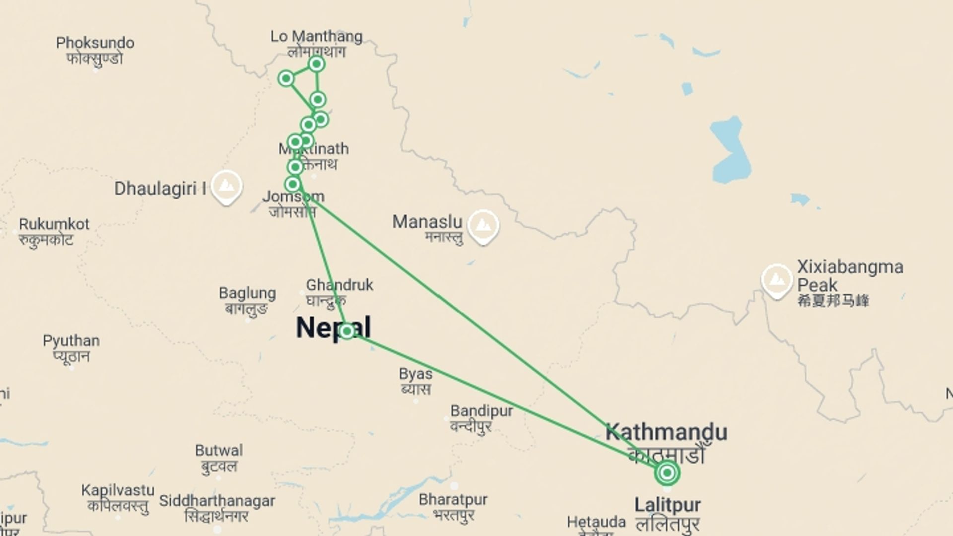 A map showing the tour itinerary for the trip: Upper Mustang Trek, starting in Kathmandu, Nepal and ending in Kathmandu, Nepal going through 11 other destinations.