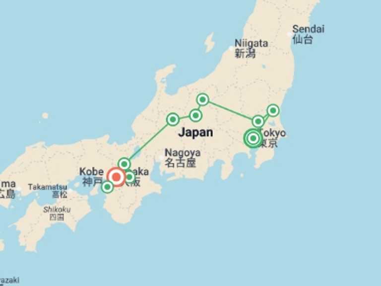 Map itinerary of Asia Tour in October 2026 with 10 destination visits for the trip: Japan Hidden Gems Escorted Discovery Tour
