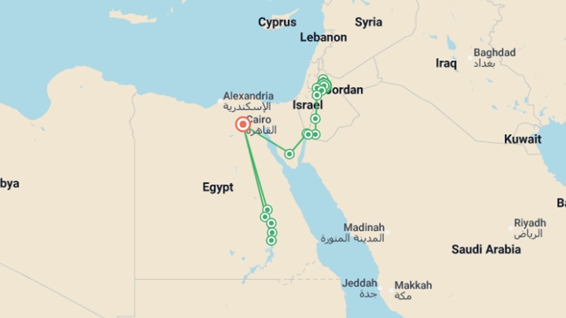 A map showing the tour itinerary for the trip: Lights of Jordan and Egypt with Nile Cruise, starting in Amman, Jordan and ending in Cairo, Egypt going through 7 other destinations.