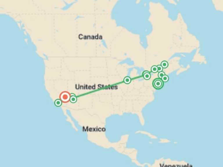 Map of New York Cultural, religious and historic sites Tour with 12 destination visits for the trip: Essential East Coast and Western Classics, Ending in Las Vegas