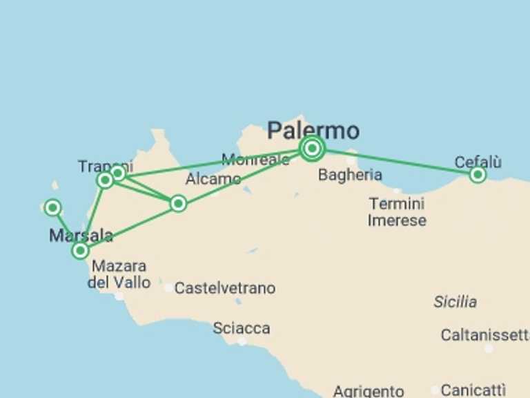 Map of Italy Tour with 3 destination visits for the trip: Northern Sicily, Self-drive