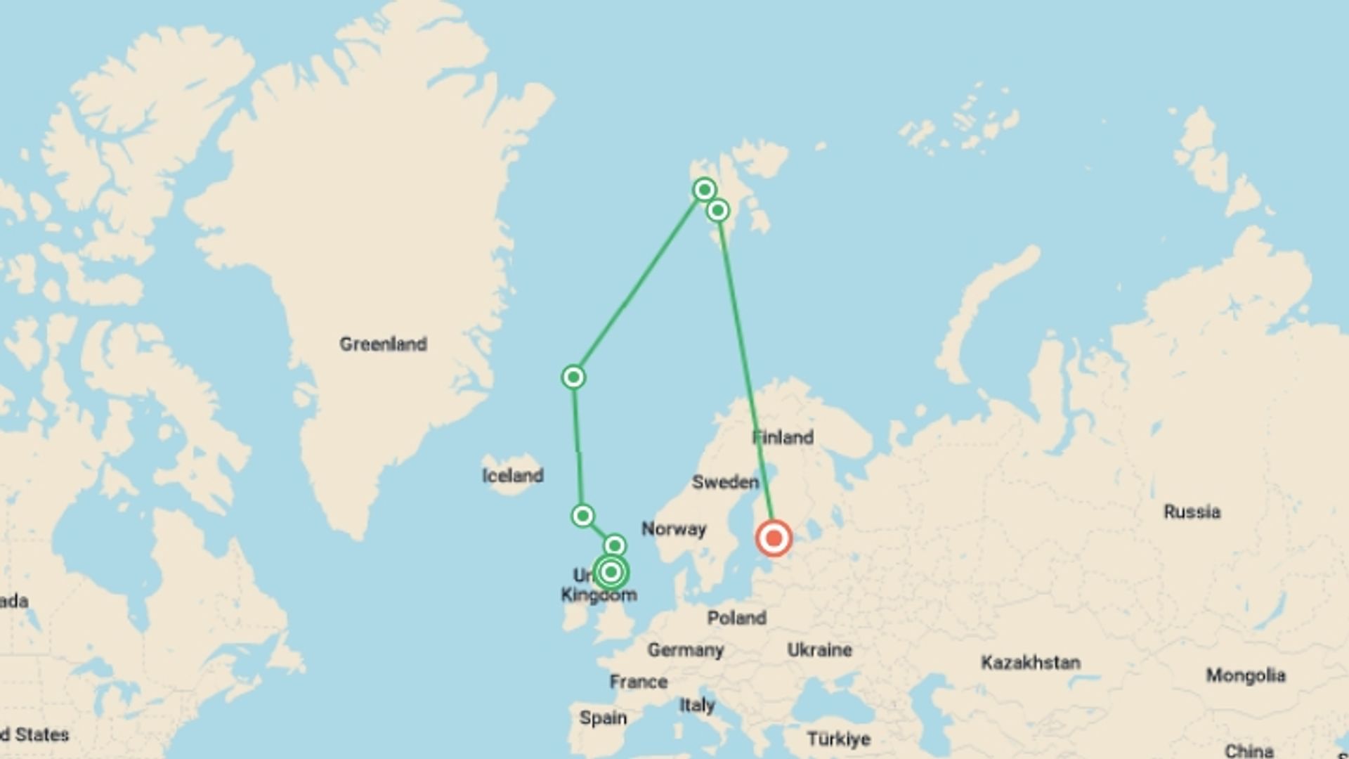 A map showing the tour itinerary for the trip: Arctic Saga: Exploring Spitsbergen via the Faroes and Jan Mayen, starting in Aberdeen, Scotland and ending in Helsinki, Finland going through 5 other destinations.