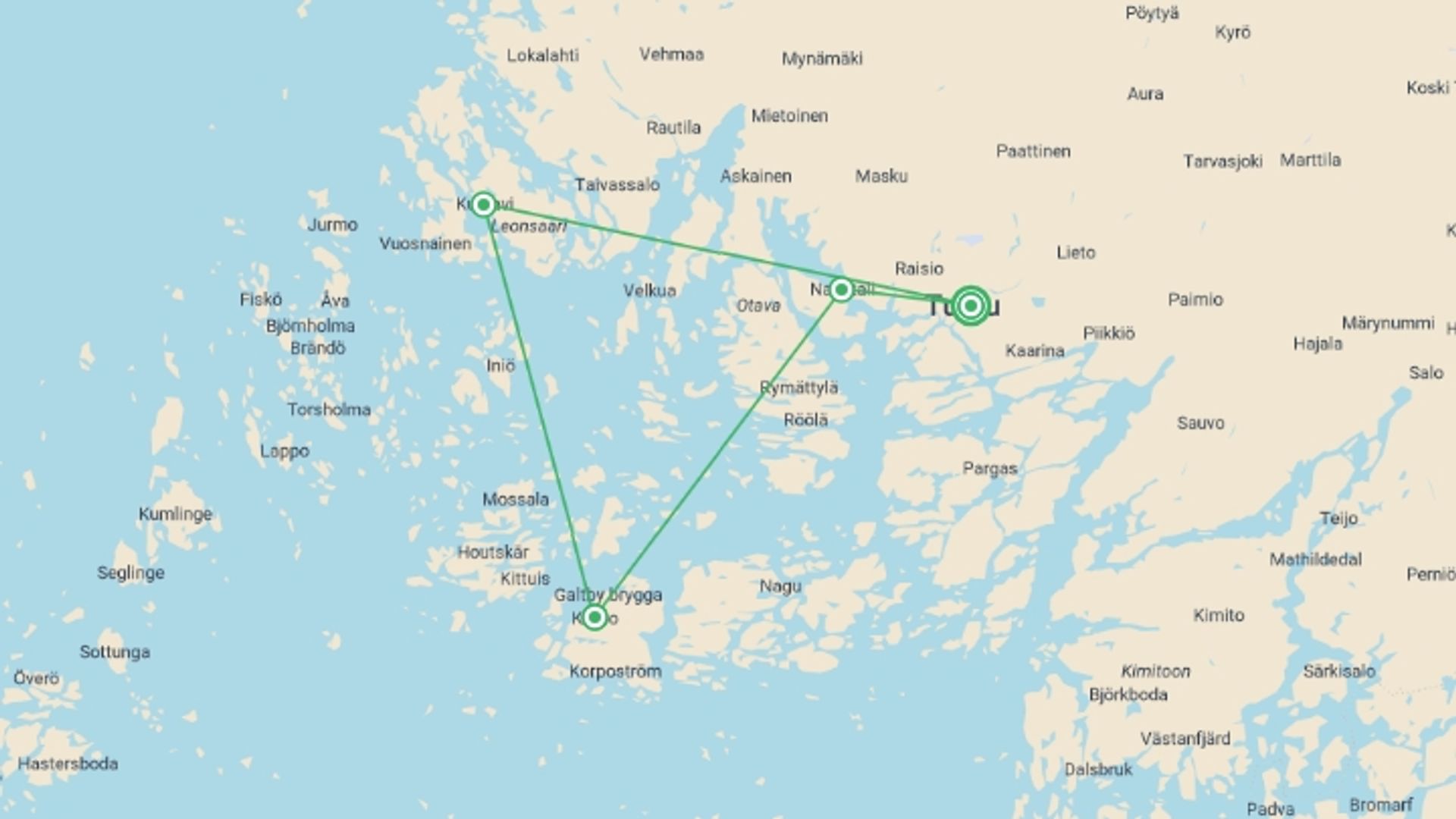 A map showing the tour itinerary for the trip: Finland's Turku Archipelago Cycle, starting in Turku, Finland and ending in Turku, Finland going through 3 other destinations.