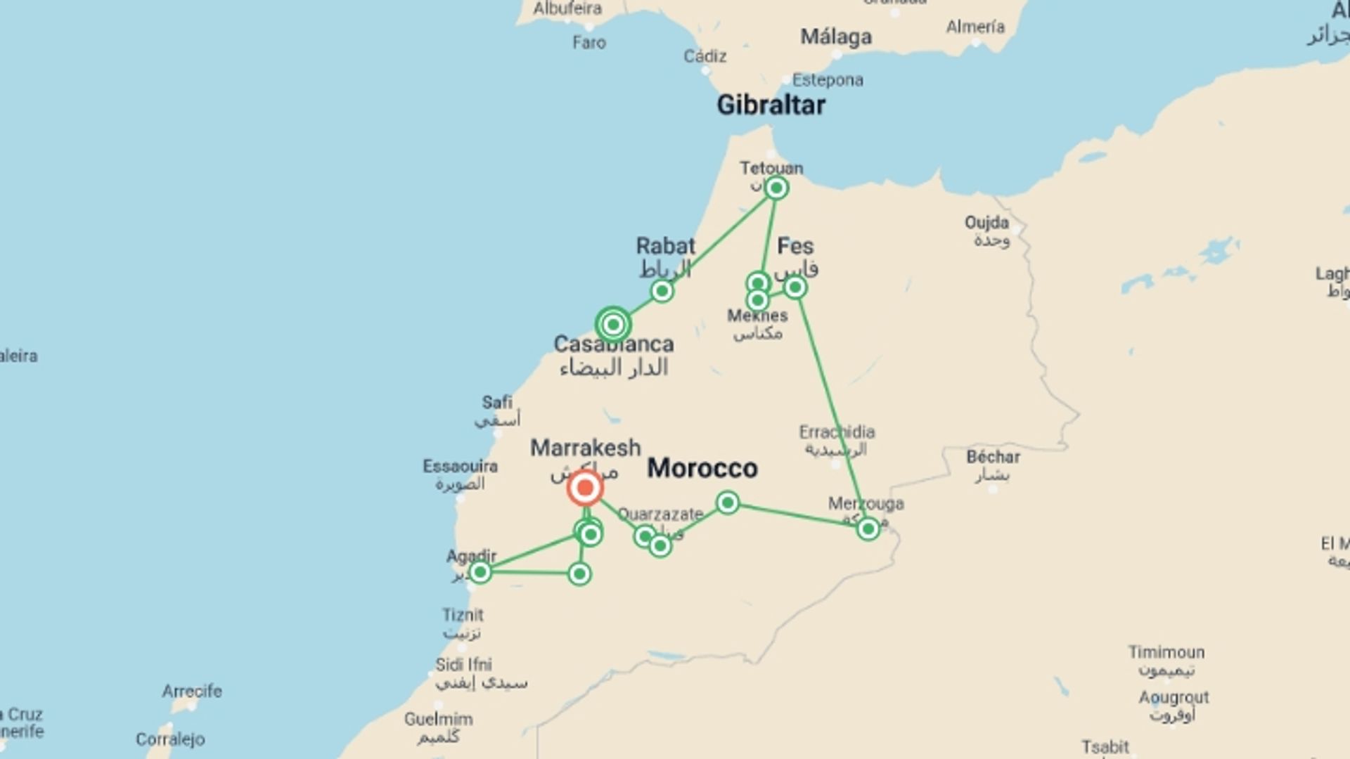 A map showing the tour itinerary for the trip: Morocco Adventure, starting in Casablanca, Morocco and ending in Marrakech, Morocco going through 12 other destinations.
