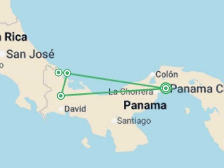 Map itinerary of Panama Tour in November 2026 with 4 destination visits for the trip: Perfect Panama - 12 days