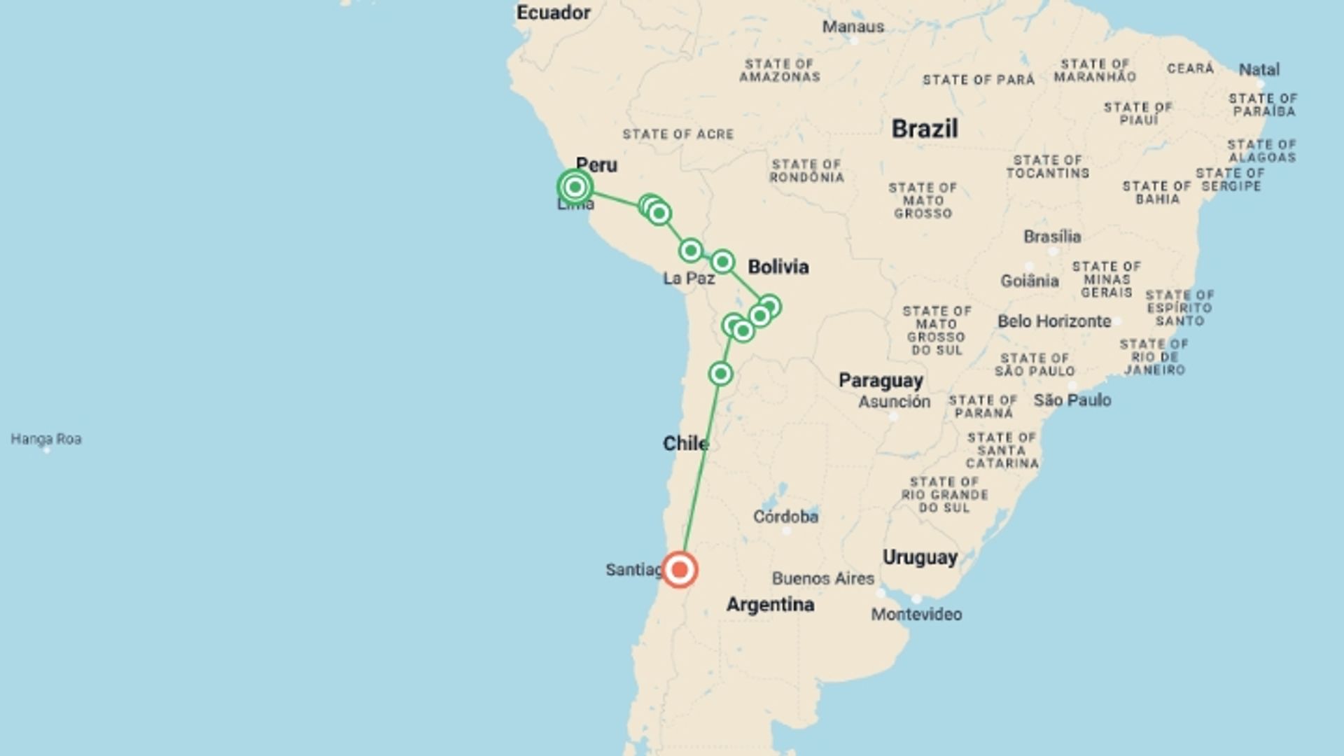 A map showing the tour itinerary for the trip: Southern Divide, starting in Lima, Peru and ending in Santiago, Chile going through 10 other destinations.