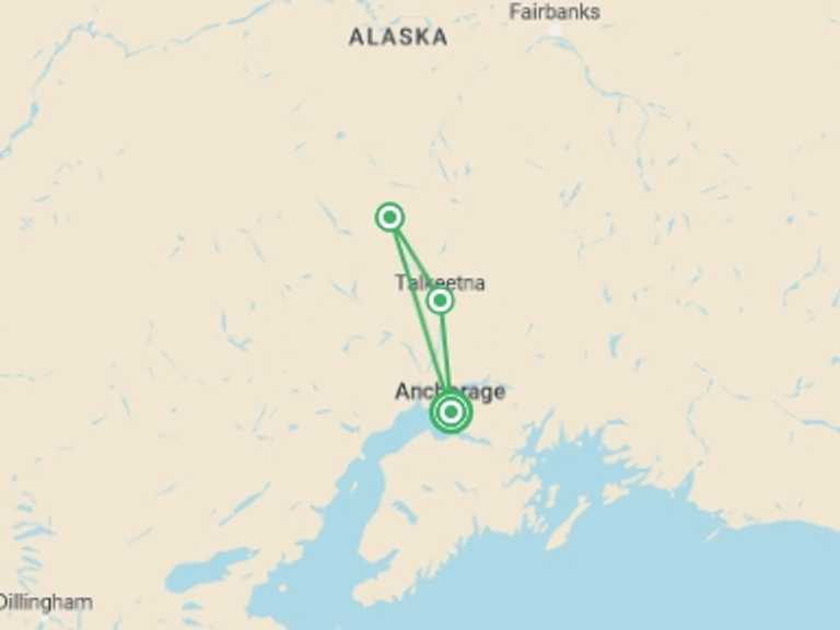 Map itinerary of USA Tour in July 2027 with 3 destination visits for the trip: Alaska Discovery