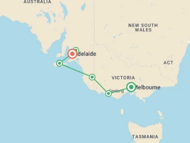Map of Australia Beach Tour with 5 destination visits for the trip: Great Ocean Road & Kangaroo Island Escape
