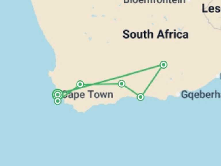 Map itinerary of Cape Town Tour in December 2026 with 6 destination visits for the trip: Best of the Garden Route - Premium Adventure