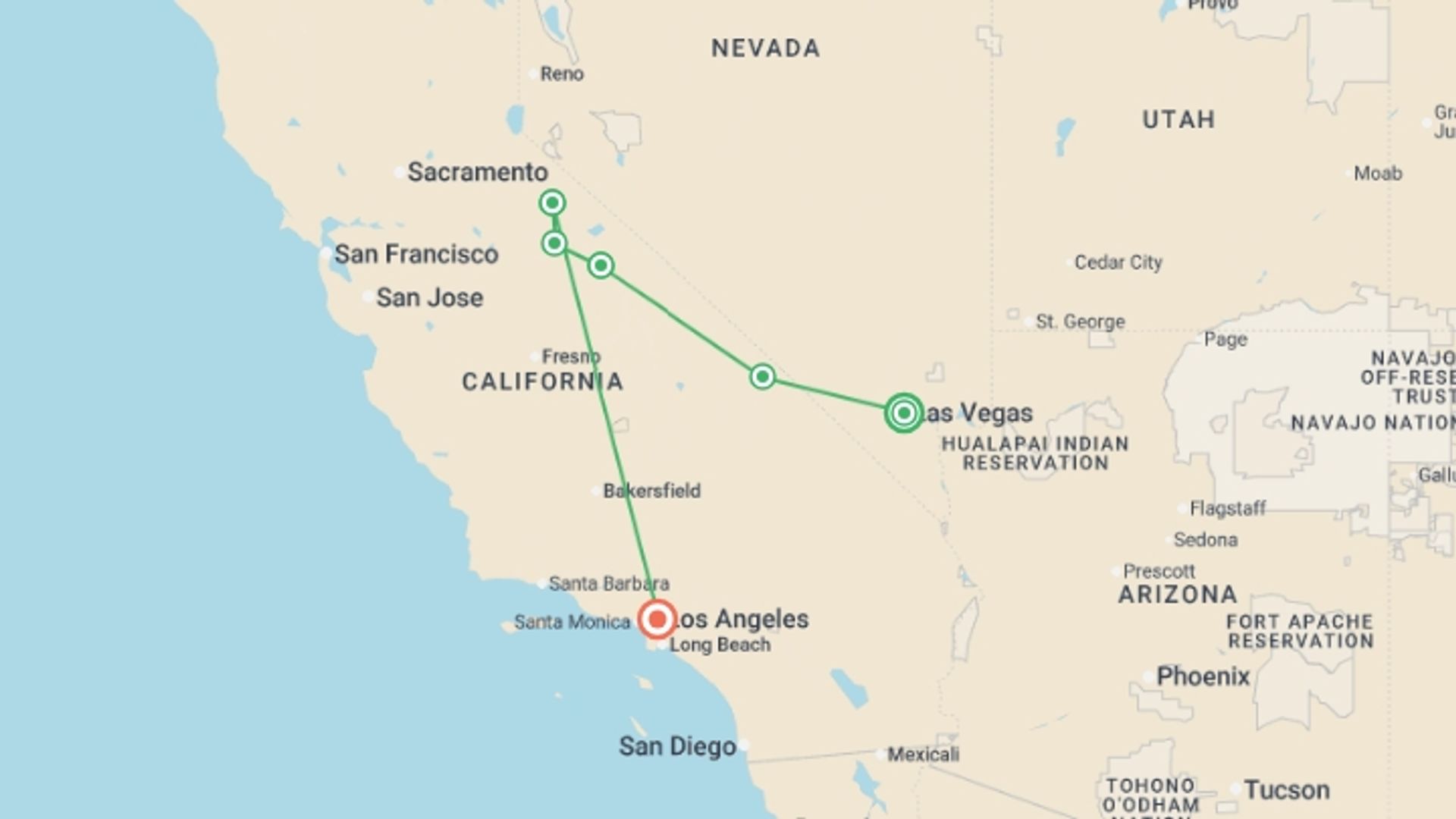 A map showing the tour itinerary for the trip: California's Great National Parks, starting in Las Vegas, USA and ending in Los Angeles, USA going through 3 other destinations.