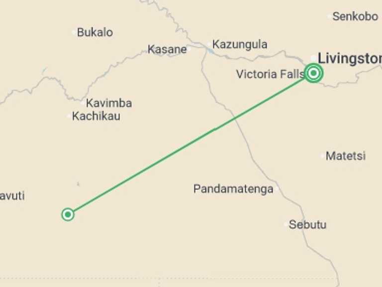 Map itinerary of Zimbabwe Tour in May 2027 with 1 destination visits for the trip: Victoria Falls & Chobe - 4 days