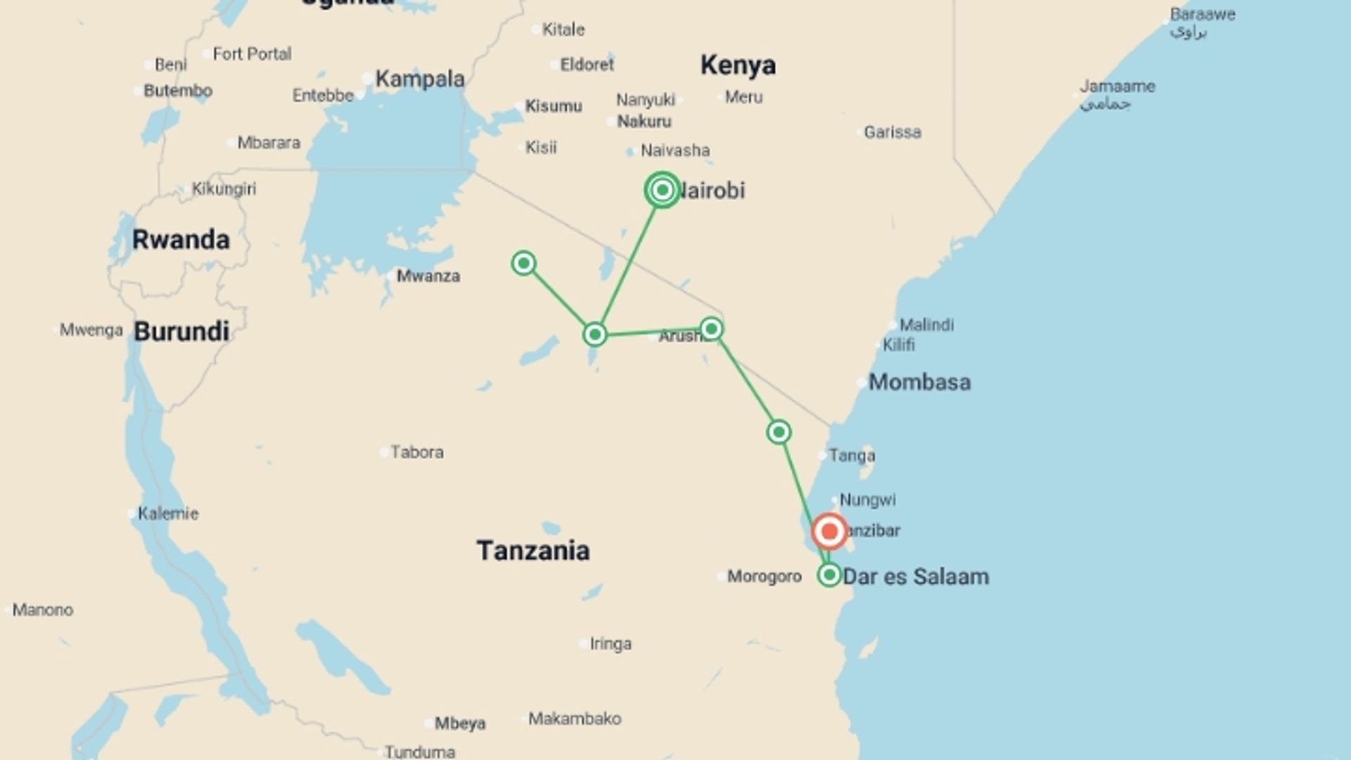 A map showing the tour itinerary for the trip: Road to Zanzibar, starting in Nairobi, Kenya and ending in Zanzibar, Tanzania going through 6 other destinations.
