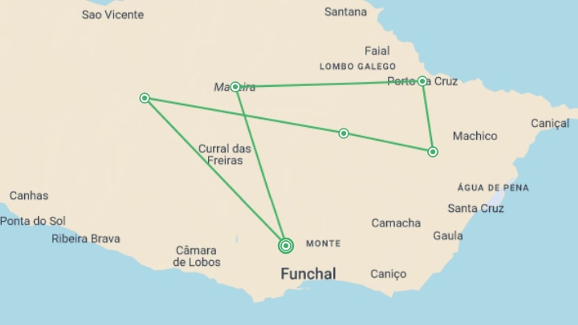 A map showing the tour itinerary for the trip: Madeira Island Walking, starting in Funchal, Portugal and ending in Funchal, Portugal going through 5 other destinations.