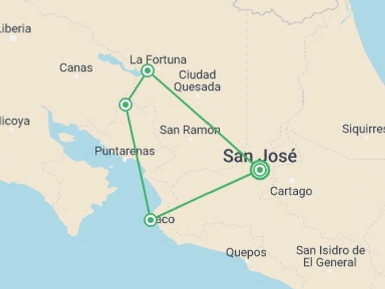 Map of 8-Day San Jose Tour with 4 destination visits for the trip: One Week Of Bliss In Costa Rica With Italian-speaking Guide, Small Group Tour