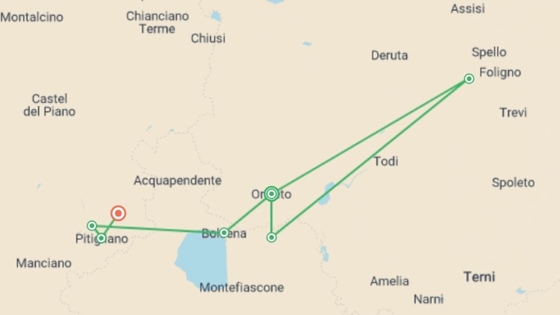A map showing the tour itinerary for the trip: Hilltop Towns of Italy, starting in Orvieto, Italy and ending in Sorano, Italy going through 2 other destinations.