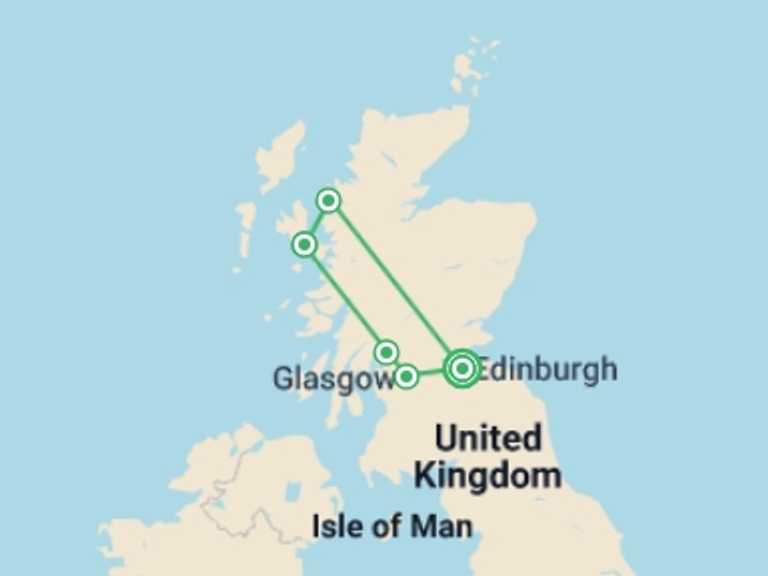 Map itinerary of Scotland Tour in April 2027 with 5 destination visits for the trip: Wild Scotland and the Isle of Skye