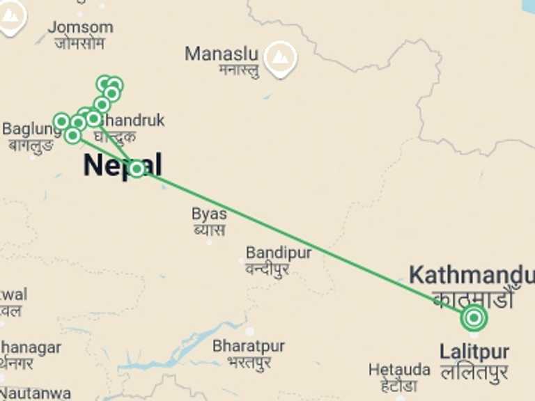 Map of Kathmandu Sightseeing Tour with 13 destination visits for the trip: Annapurna Sanctuary Trek
