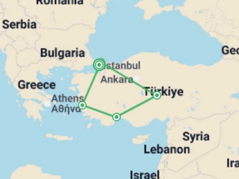 Map itinerary of Balkans Tour in Fall with 4 destination visits for the trip: Turkish Breeze
