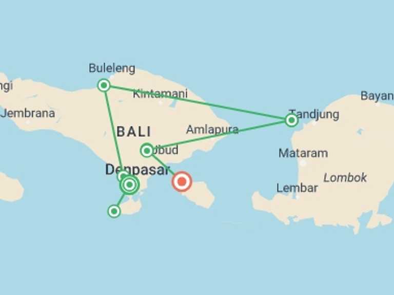 Map of Indonesia Tour with 7 destination visits for the trip: Bali Experience 12 day