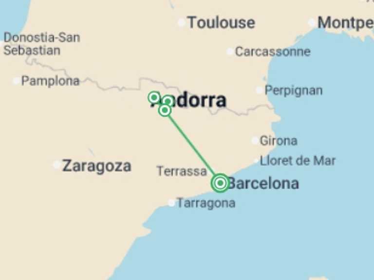 Map of 8-Day Mediterranean Tour with 5 destination visits for the trip: Family Pyrenees Multi-Activity Adventure