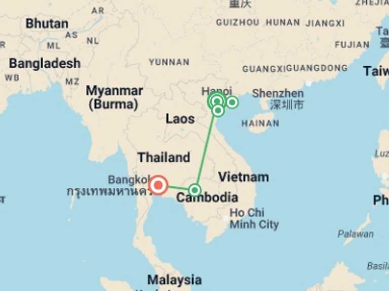 Map of Hanoi Local culture Tour with 8 destination visits for the trip: Highlights of Vietnam, Cambodia & Thailand