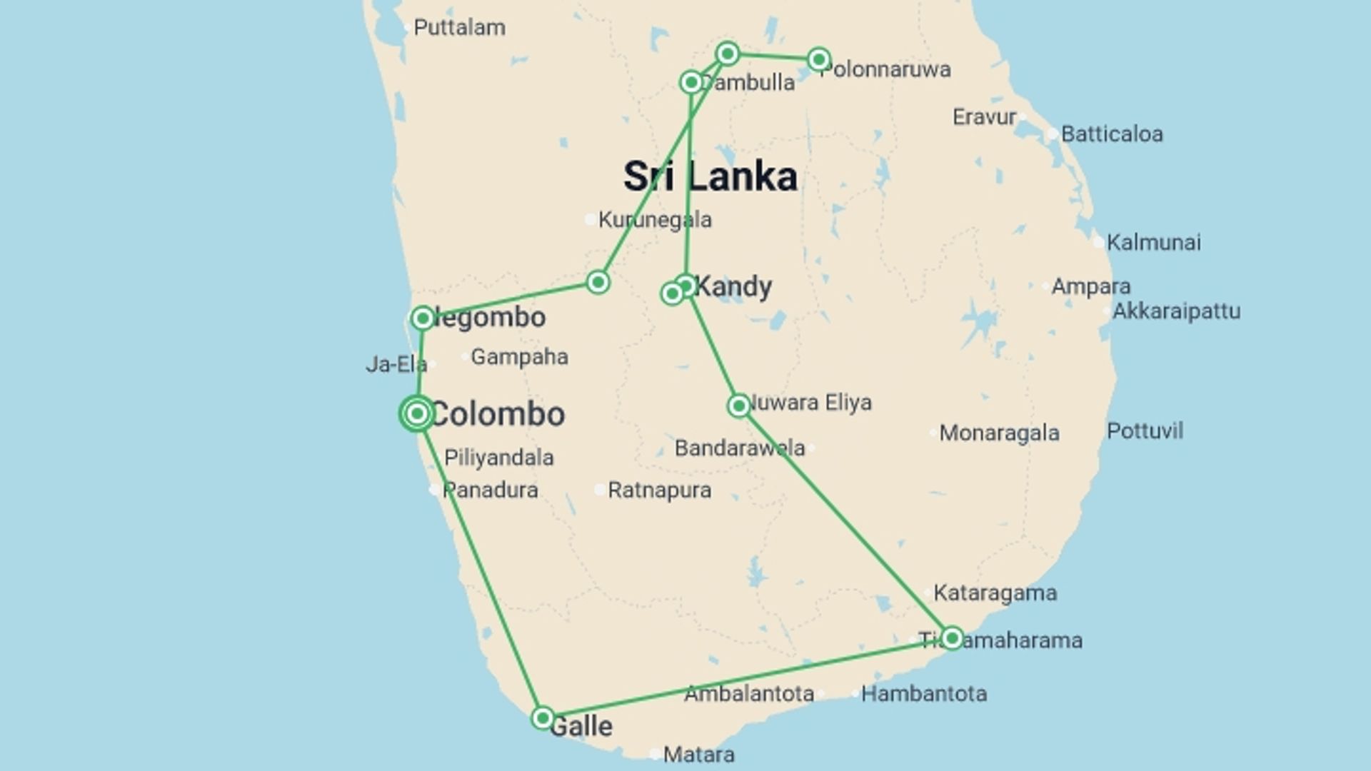 A map showing the tour itinerary for the trip: Sri Lanka Roundtrip To Colombo, Kandy, Yala & Galle 10 Days Private Tour, starting in Colombo, Sri Lanka and ending in Colombo, Sri Lanka going through 5 other destinations.