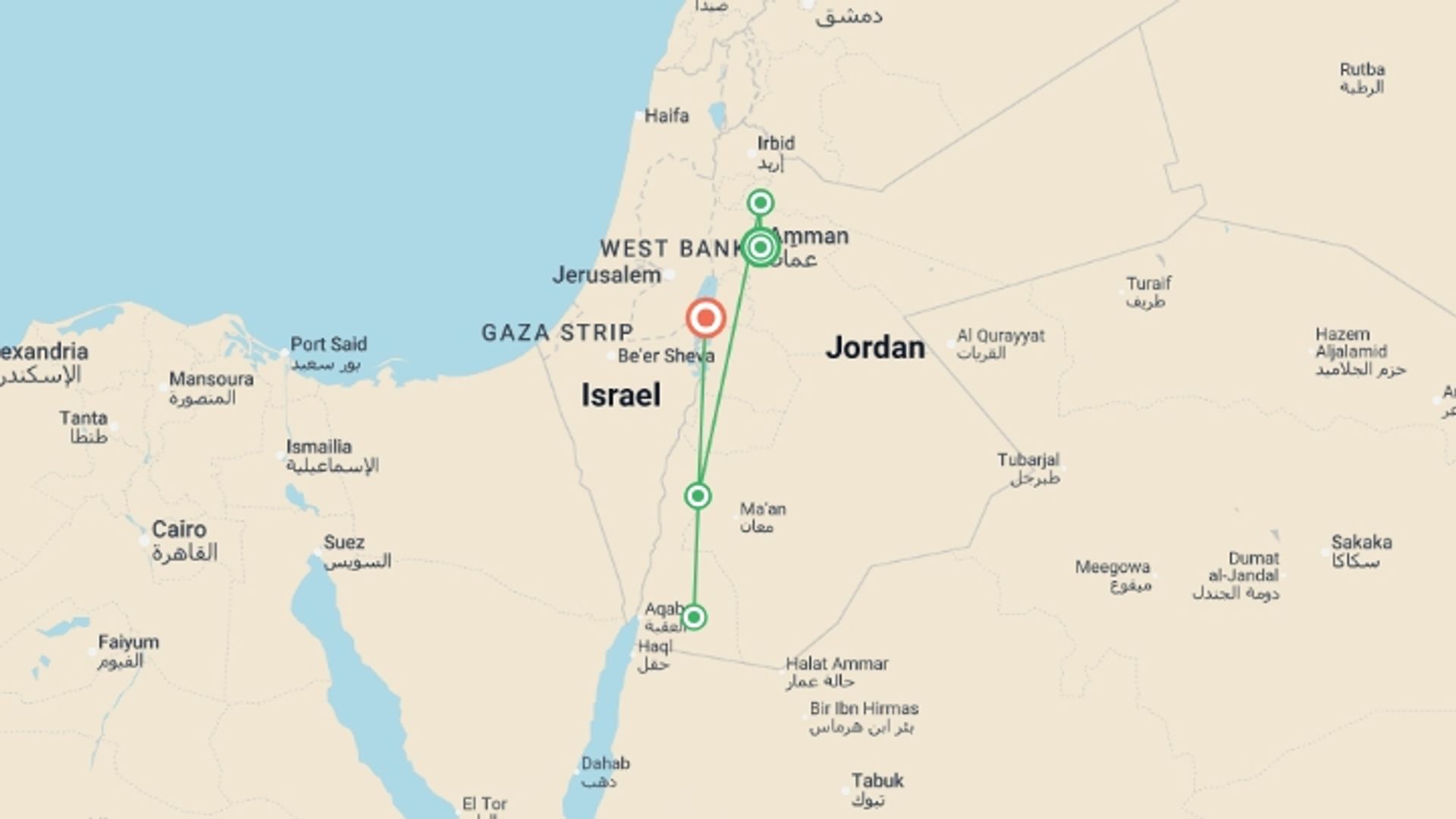 A map showing the tour itinerary for the trip: Jordan: Hike, Bike & Snorkel, starting in Amman, Jordan and ending in Dead Sea, Jordan going through 3 other destinations.