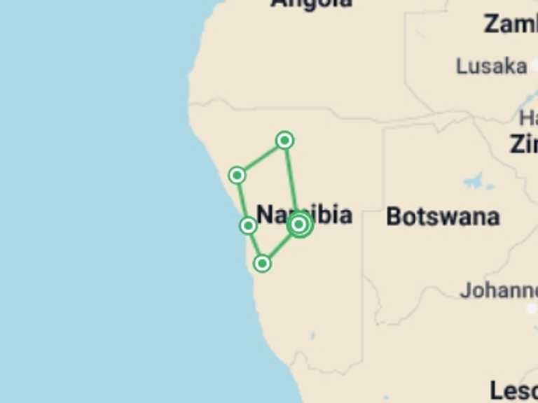 Map itinerary of Namibia Tour in Fall with 6 destination visits for the trip: Highlights of Namibia