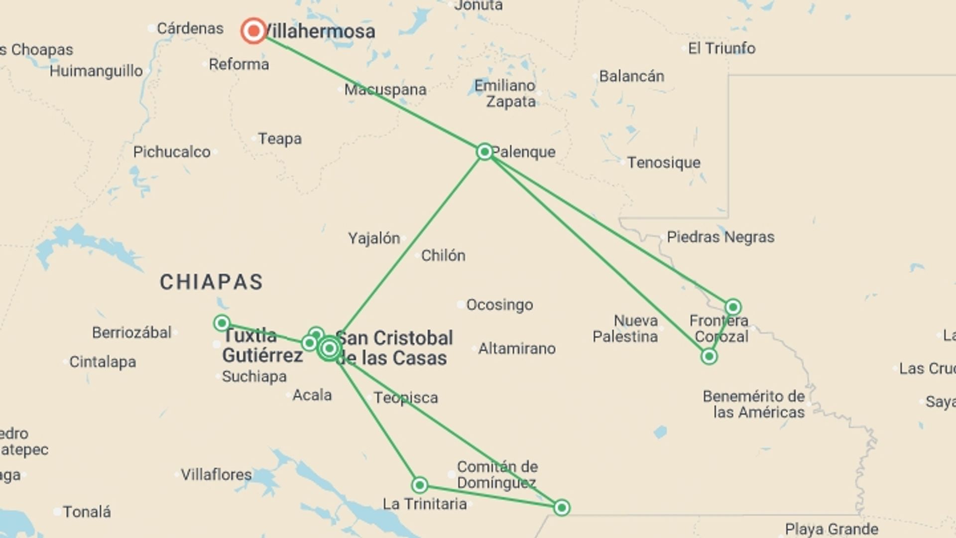 A map showing the tour itinerary for the trip: Chiapas Explorer, starting in San Cristobal De Las Casas, Mexico and ending in Villahermosa, Mexico going through 1 other destinations.