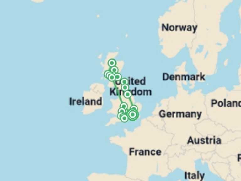 Map of London Explorer Tour with 7 destination visits for the trip: London, the Highlands, and Southern England