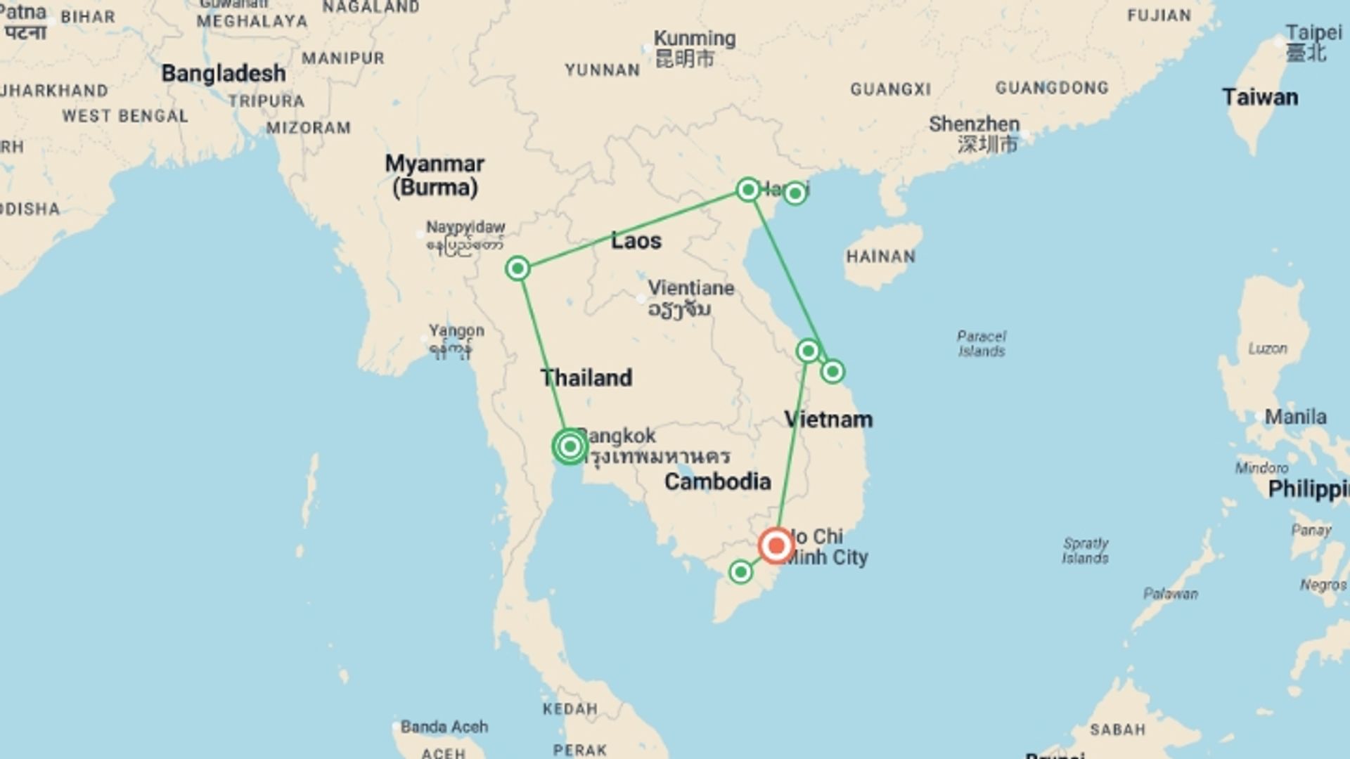 A map showing the tour itinerary for the trip: Thailand & Vietnam Smiles Journey - 16 days, starting in Bangkok, Thailand and ending in Ho Chi Minh City, Vietnam going through 6 other destinations.