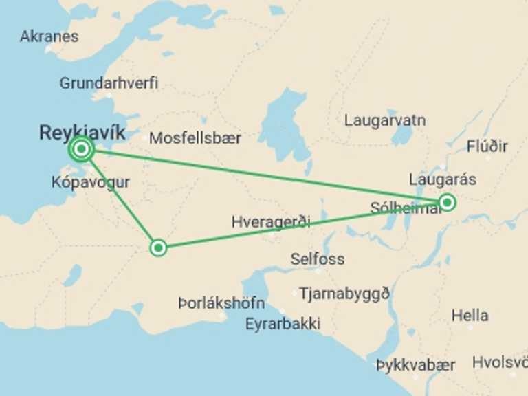Map of a Waterfalls Tour with 3 destination visits for the trip: Iceland Northern Lights & Golden Circle