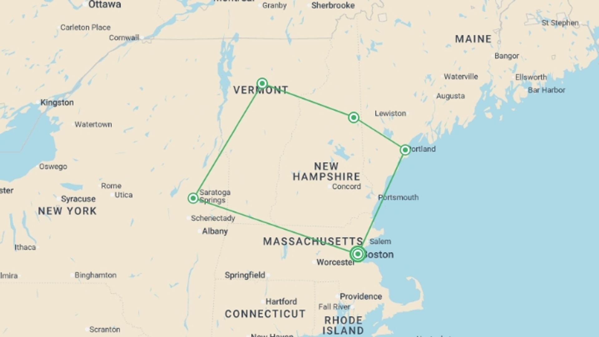 A map showing the tour itinerary for the trip: New England's Fall Foliage, a Women-Only Tour, starting in Boston, USA and ending in Boston, USA going through 4 other destinations.