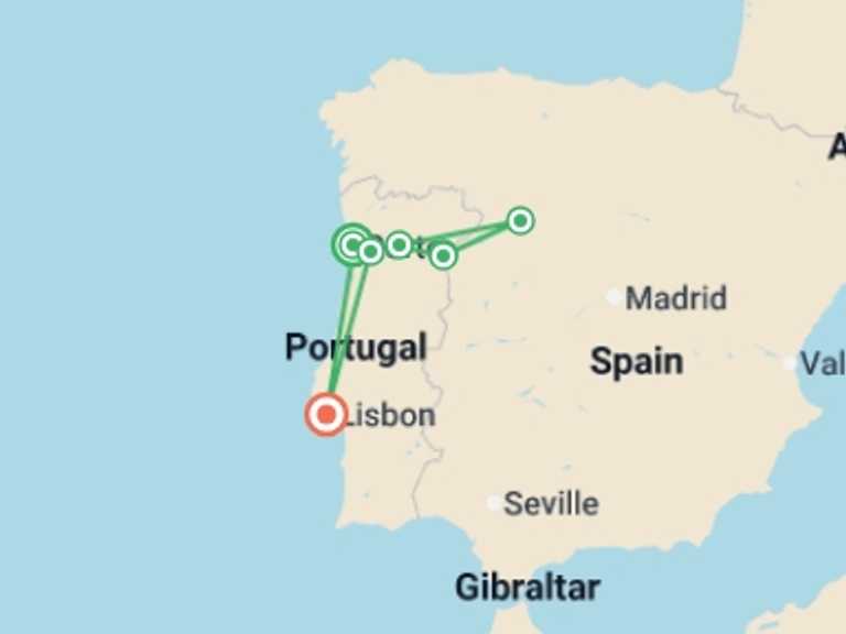 Map itinerary of Lisbon Tour in November 2026 with 8 destination visits for the trip: Portugal, Spain & the Douro River Valley (2026)