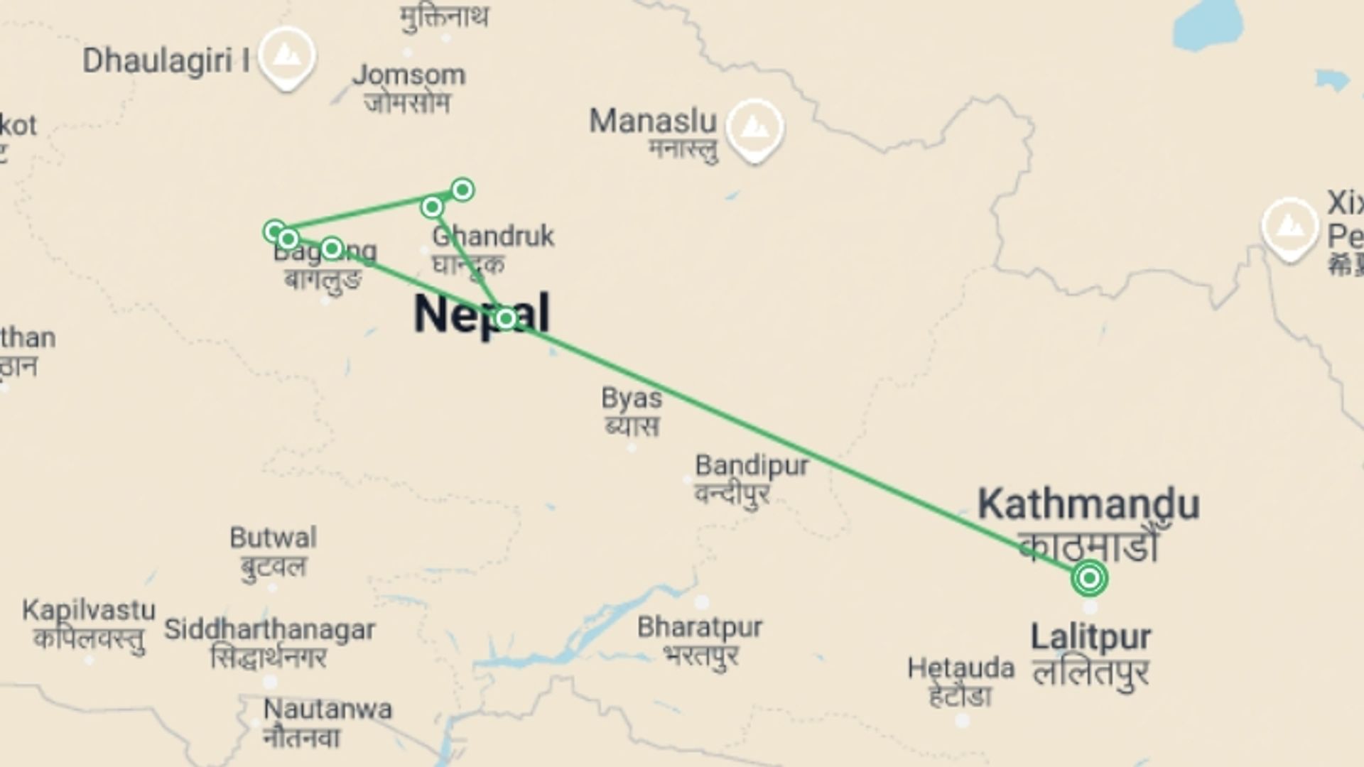 A map showing the tour itinerary for the trip: Mohare Danda Trek - 10 Days, starting in Kathmandu, Nepal and ending in Kathmandu, Nepal going through 6 other destinations.