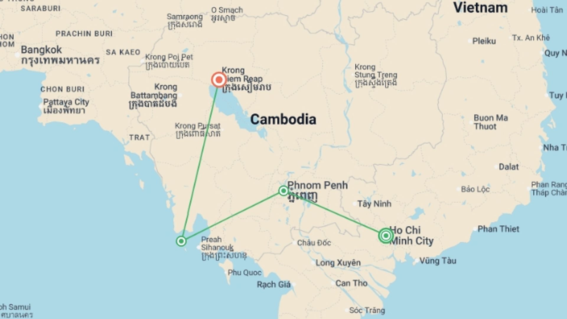 A map showing the tour itinerary for the trip: One Week in Cambodia, starting in Ho Chi Minh City, Vietnam and ending in Siem Reap, Cambodia going through 2 other destinations.